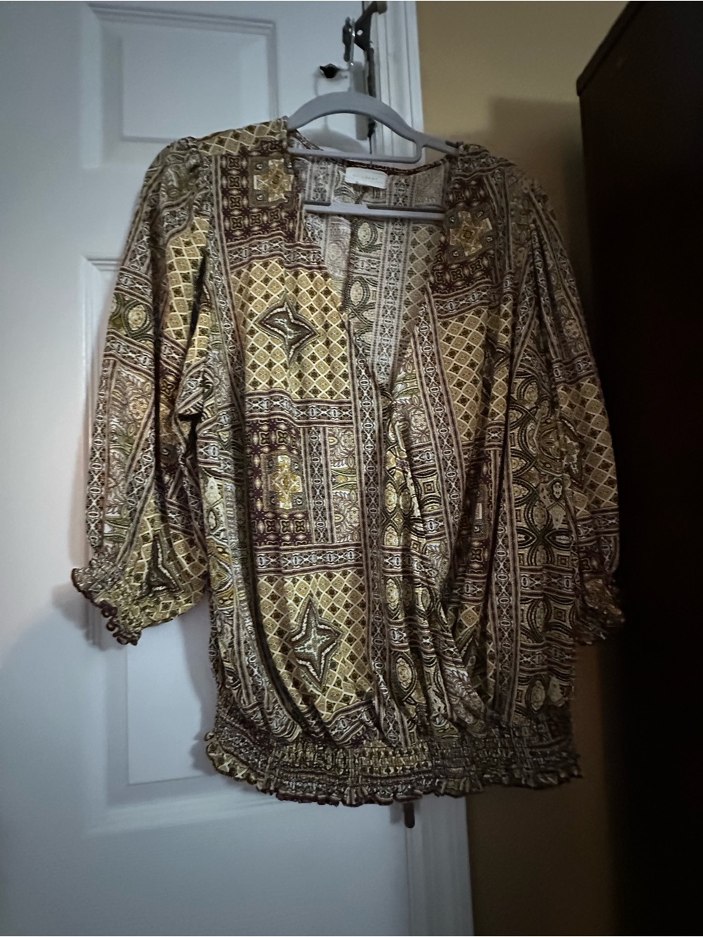 MELLODAY Boho Patchwork Blouse in Gold and Brown